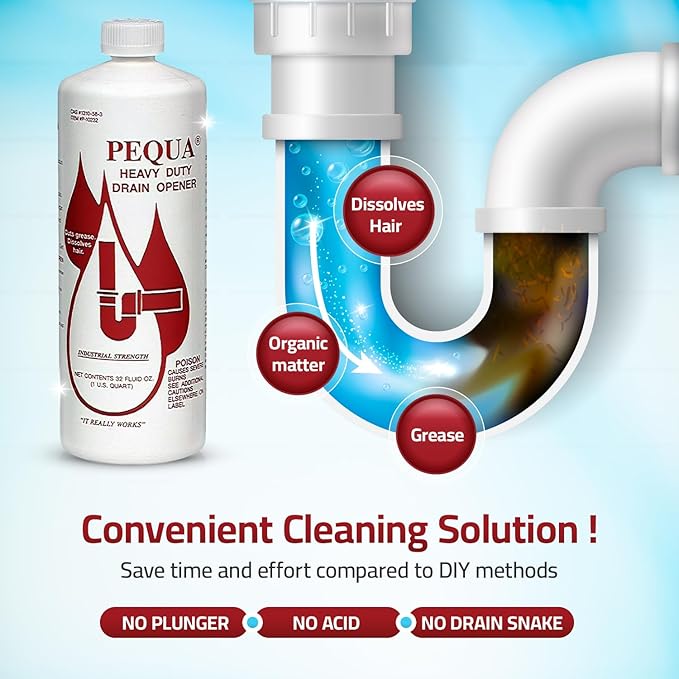 PEQUA INDUSTRIES Pequa Heavy Duty Drain Opener, Non-Acid, Fast-Acting Formula, Industrial strength Drain Cleaner for Sinks, Tubs, Septic Tanks - 32 Oz (Pack of 2)