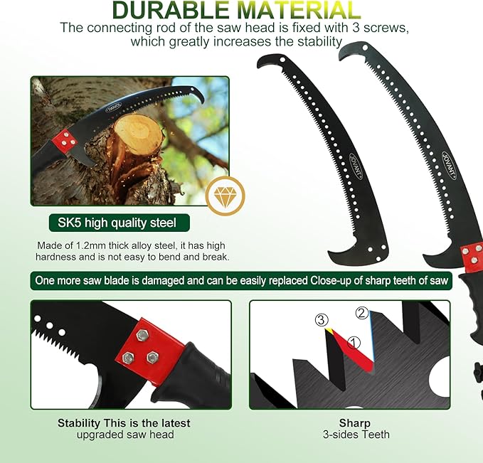 Jovant Manual Pole Saw,6.5-20 ft Extendable Pole with Double Lock Design to Reach up 26 ft for High Branches Trimming,SK5 Sharp Three-Sided Sharpened Edges Blade for Pruning Wild Palm Shrub and Tree