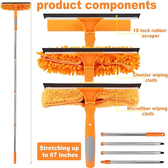 Lemosyu 3-in-1 Window Cleaner Tool with Rotating Head,67" Window Squeegee with Extension Pole, Window Cleaning Squeegee Kit for Indoor & Outdoor High Windows and Car Glass