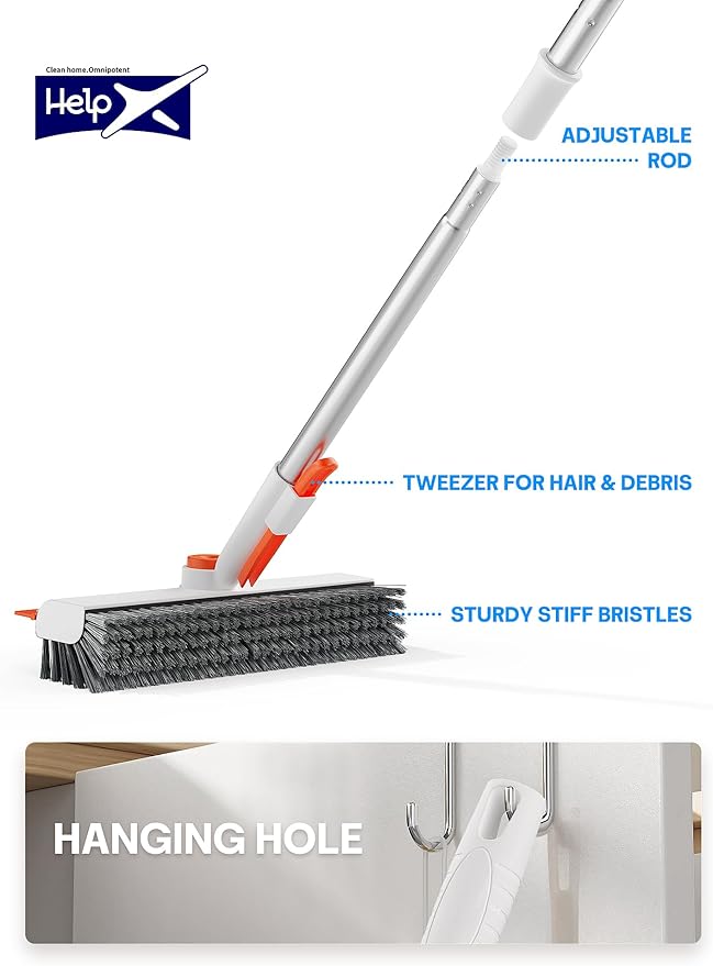 HelpX Floor Scrub Brush with Long Handle, 3 in 1 Scrape and Heavy-Duty Stiff Bristle Floor Scrubber Brush with Squeegee and Tweezer for Cleaning Tile Wall Deck (Orange and White)