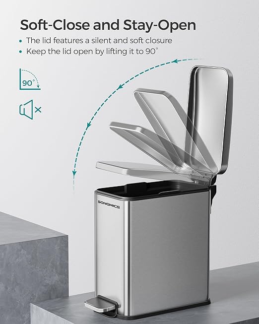 SONGMICS Bathroom Trash Can, 1.3 Gallon (5 L) Small Trash Bin with Lid, Slim for Small Spaces, Stainless Steel Garbage Can, Soft Close, Silver ULTB560E05
