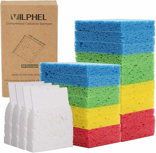 Vilphel Compressed Natural Cellulose Sponges 24 Pack Regular Size Multicolor Soft Reusable Non-Scratch Long-Lasting Basics Dish Washing Sponges for Kitchen Cookware and Bathroom, DIY Cuts-Out for Fun