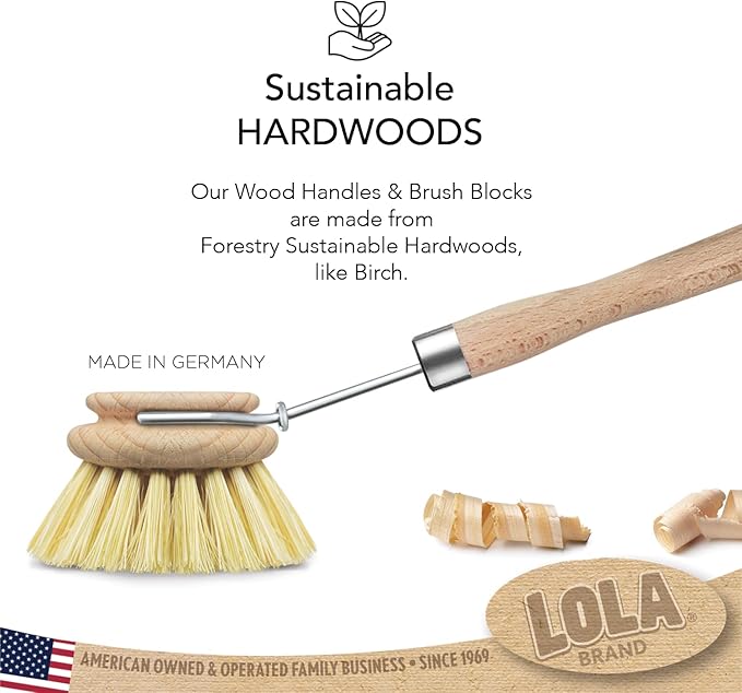 LOLA - The Original - Tampico Vegetable & Dish Wood Brush, 3" Head, Sustainable, Tampico Bristles, Easy Head Only Replacement, 1 Pack