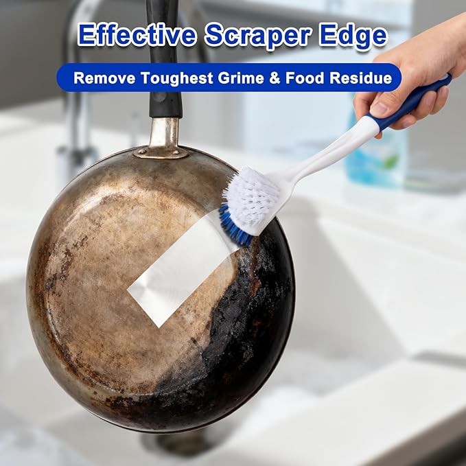 Heavy Duty 2 Pack Dish Scrub Brush with Handle BITOPE Kitchen Cleaning Scrubber with Stiff Bristle Scraper for Washing Sink Dishes Bottle Cup Pot Pan Cookware