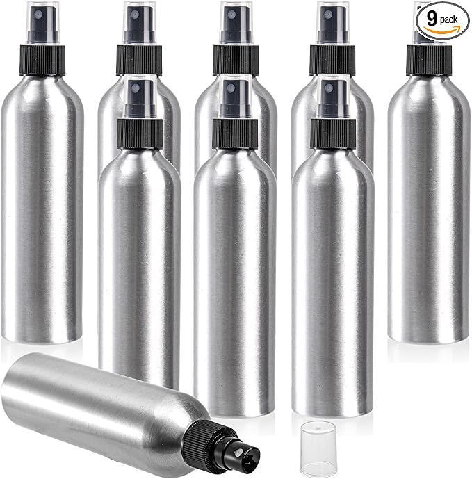 Youeon 9 Pack 8 Oz Fine Mist Spray Bottles, Reusable Aluminum Empty Spray Bottles, Small Refillable Bottle for Travel, Cosmetic, Perfume, Toner, Essential Oil Storage, Leak Proof