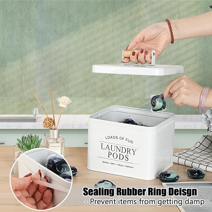 Metal Laundry Pod Holder Powder Holder Farmhouse Laundry Pods Container with Handle Lid, Powder Dispenser Dryer Sheet Dispenser for Laundry Room Organization Decor - 7.2" x 6.2" x 5.1", White