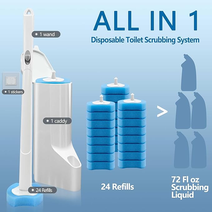 Disposable Toilet Brush with 24 Refills, Toilet Bowl Wand Starter Kit-Wand, Caddy&24 Toilet Brush Refills, Wall-Mounted Toilet Bowl Brush and Holder, Bathroom Cleaning Supplies.