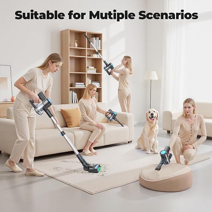 Hysinixs Cordless Vacuum Cleaner, Powerful Lightweight Stick Vacuum with Self-Standing, Anti-Tangle, 8-in-1 Rechargeable Vacuum Cleaners for Home, Hardwood Floors, Carpet, Pet Hair (Navy)