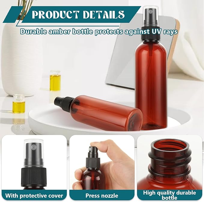 60Pcs 4oz Amber Plastic Spray Bottles, Small Empty Fine Mist Spray Bottle, Refillable Liquid Containers with Labels for Travel Perfume Essential Oil Skin Care Cleaning