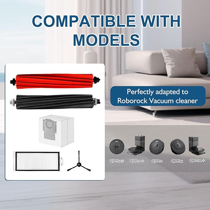 MIXEAL Q5 Max+ Replacement Parts for Roborock Q5 Max+,Q5 DuoRoller+, Q8 Max+ /Q8 Max,Q5 Pro+ /Q5 Pro Vacuum Cleaner,1 set Main Brush,2 HEPA Filters,4 Side Brushes,4 Dust Bags