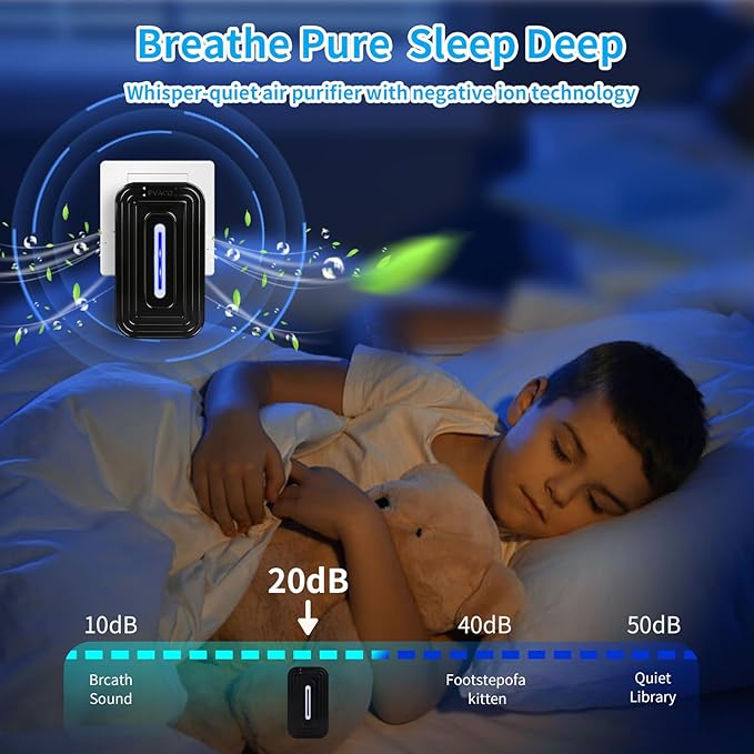 2 Pack 8-Emitter Negative Ion Air Purifier, Plug in Ionic Air Cleaner with Blue Light Quiet and Energy Saving Air Ionizers for Home Office Bedroom Bathroom Living Room and Pet Room(2,Black)