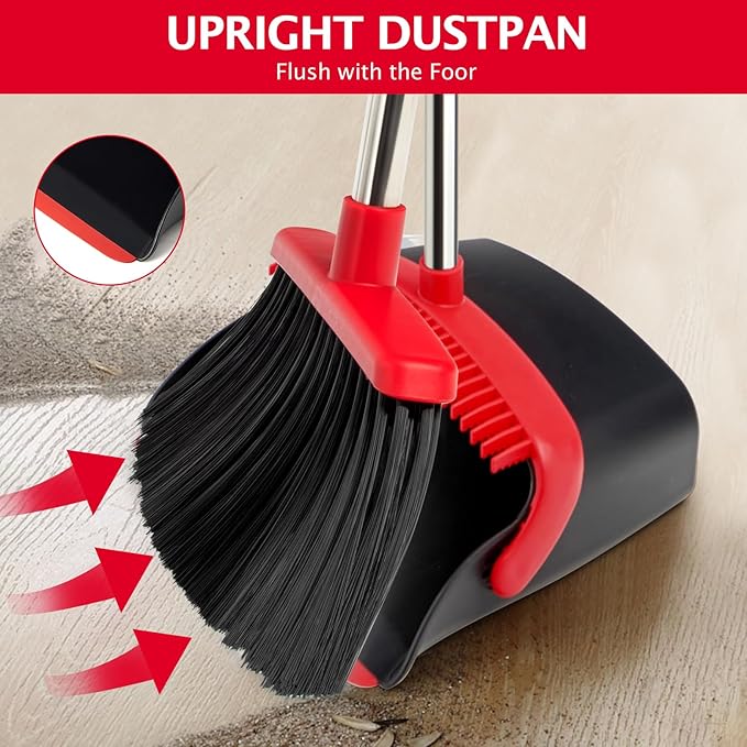 XXFLOWER Broom and Dustpan Set with Long Handle, Heavy Dust Broom and Dustpan Combo for Home，Kitchen, Office, Pet Hair (Black Red)