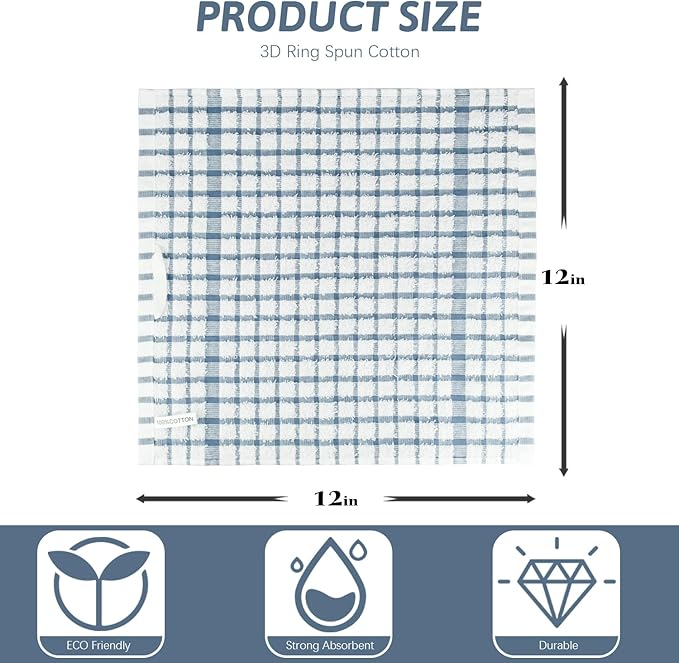 Nialnant 12PCS Dish Cloths,100% Cotton Soft Absorbent Cleaning Rags,Quick Drying Dish Towels for Kitchen,Washing Dishes-Little Blue,12x12in