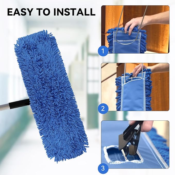 Commercial 24 Inch Dust Mop Head: Replacement Sweeper and Janitorial Industrial Dust Mop Head for Floor Cleaning, Office, School, Restaurant, Hospital (Blue - 6 Pack)