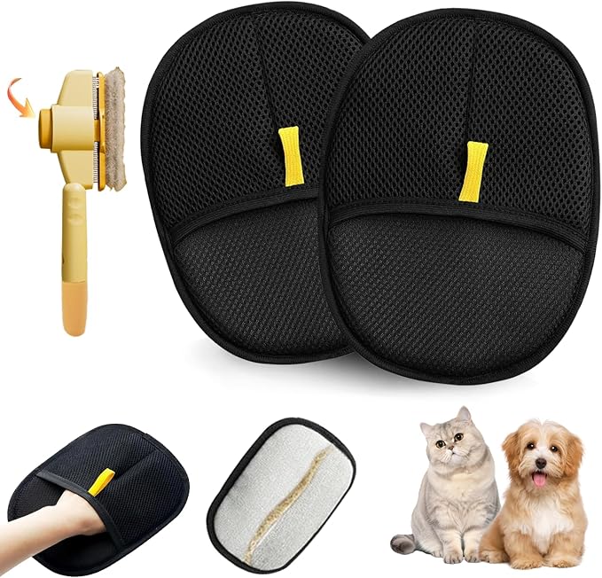 JHHJMEOW 2Pcs Pet Hair Removal Glove with Pet Comb, Cat & Dog Reusable Electrostatic Pet Hair Remover Grooming Gloves for Couch,Furniture,Carpet,Car Seat
