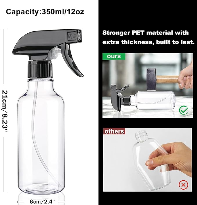 Spray Bottles Plastic Spray Bottle for Hair Mist/Stream Heavy Duty Empty Spray Bottles for Cleaning Solutions, Plants, Cooking (12oz-BlackClear)