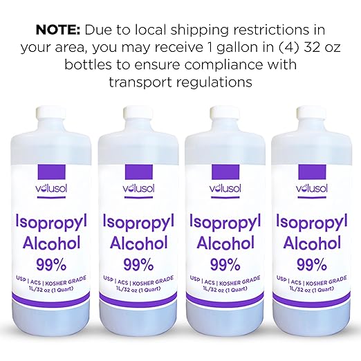 Volu-Sol Isopropyl Alcohol 99% (Isopropanol) - High Purity, USP - Kosher Grade IPA - 1 Gallon (128 oz) (4 Quarts) (4 Pack 32 oz) for Medical, Lab Equipment & Electronics, Clear Bottle