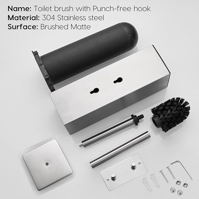 JOVYXIE Brushed Stainless Steel Square Toilet Brush with Metal Lid Dual-Use Toilet Brush Holder with Drilled + Drill-Free Hook Base Includes Removable Inner Bucket (Brushed)