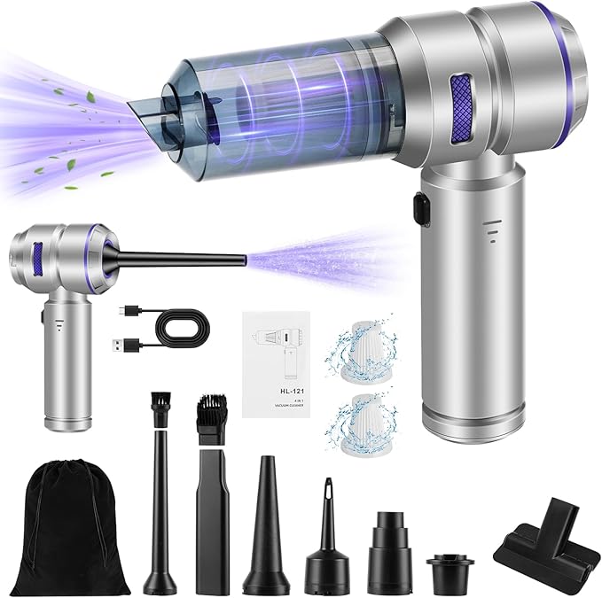 TianJQiS Handheld Car Vacuum Portable Cordless - 18000PA High Power with Brushless Motor, 4-in-1 Air Duster, Blower, Pump & Rechargeable Mini Vacuum for Car, Home, Office (Silver Grey+Blue)