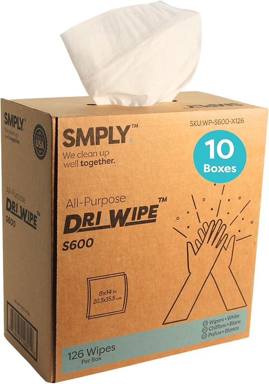 Dri-Wipe S600 by SMPLY Brands – All-Purpose Disposable Wipes, 10 Boxes of 126 (1,260 Total), Strong Alternative to Shop Towels & Paper Towels, 8" x 14" Center-Pull Sheets