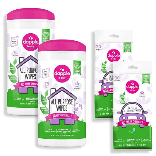 Dapple Baby All Purpose Wipes, Plant Powered, Hint of Lavender, Hypoallergenic, 75 Count Canister (Pack of 2) + 30 Count (Pack of 2)