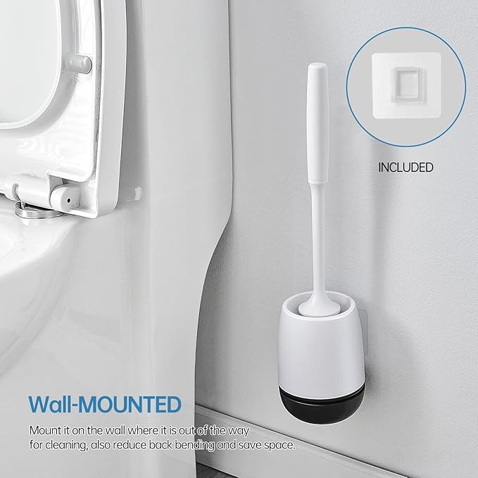 Toilet Brush, Toilet Bowl Brush and Holder Set for Bathroom, Toilet Cleaning Scrubber Brush for Bathroom for Deep Cleaning with Stiff Plastic Bristle, Ventilated Holder, Wall Mount Hook (White Head)