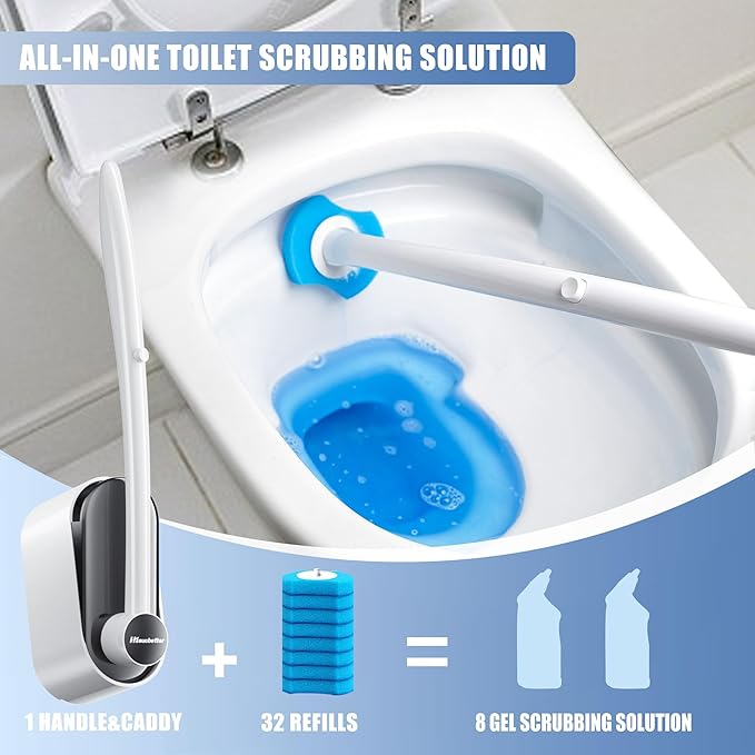 Hisucbetter Disposable Toilet Brush and Holder with 32 Toilet Bowl Wand Refills Loaded Scrubbing Solution for Toilet Cleaning, Bathroom Cleaning Supplies Set, Black(1-Pack)