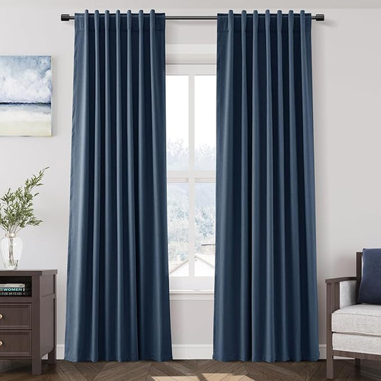 Nanspring Denim Blue Linen Blackout Curtains 84 Inches Long Loop Pocket Rod Pocket Flax Linen Sound Proof Total Blackout 2 Panels Set for Living Room Boho Farmhouse Curtains Drapes 52x84