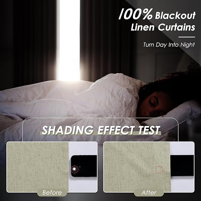 100% Blackout Linen Curtains 84 Inch Length 2 Panels Sage Green Light Blocking Darkening Living Room Curtains 84 Inches Long Elegant Modern Back Tab Pocket Noise Reducing Drapes for Nursery 52X84