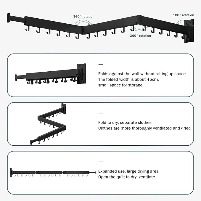Clothes Drying Rack Wall Mounted,Extending Laundry Rack Wall Mount,Collapsible Drying Racks for Laundry,Clothes Racks for Hanging Clothes,Laundry Room Organization
