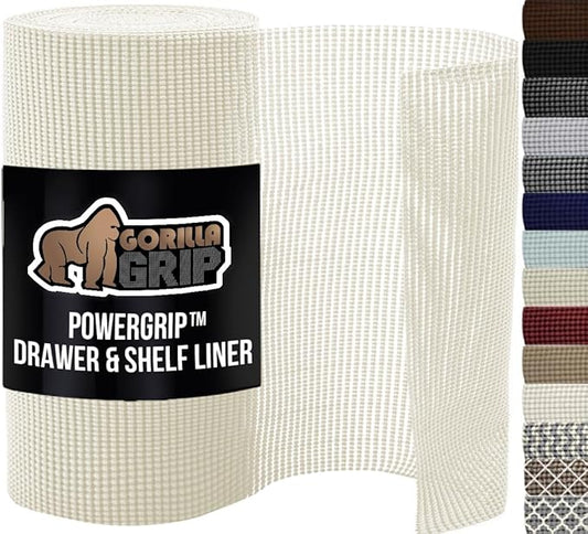 GORILLA GRIP powerGRIP Drawer Shelf and Cabinet Liner, Thick Strong Hold, Non-Adhesive Liners Protect Kitchen Cabinets and Cupboard, Bathroom Drawers, Easy Install, Breathable Mat, 20" x20' Snow White