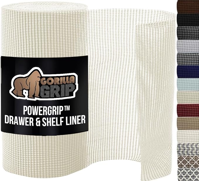 GORILLA GRIP powerGRIP Drawer Shelf and Cabinet Liner, Thick Strong Hold, Non-Adhesive Liners Protect Kitchen Cabinets and Cupboard, Bathroom Drawers, Easy Install, Breathable Mat, 24" x20' Snow White