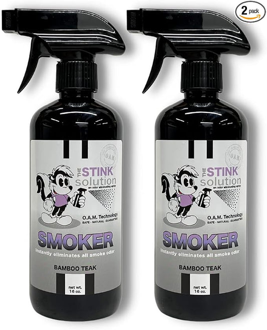 The Stink Solution Smoke Odor Eliminator Spray - Completely Remove Smoke Smell From House, Car, Clothes, Hands, Hair, & More - Best Odor Eliminator For Smoke - Bamboo Teak Fragrance - 2 16 oz Bottles