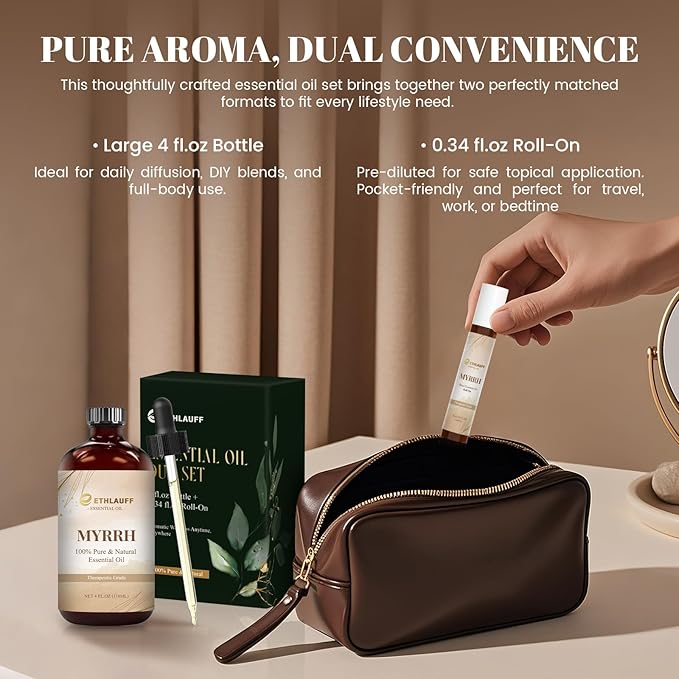 Myrrh Essential Oil (4 fl.oz Bottle + 0.34 fl.oz Roll-On) — Myrrh Oils for Aromatherapy, Diffusers, Humidifiers, Home fragrances, DIY Skincare, Candle, Soap Making, Relaxation, Yoga
