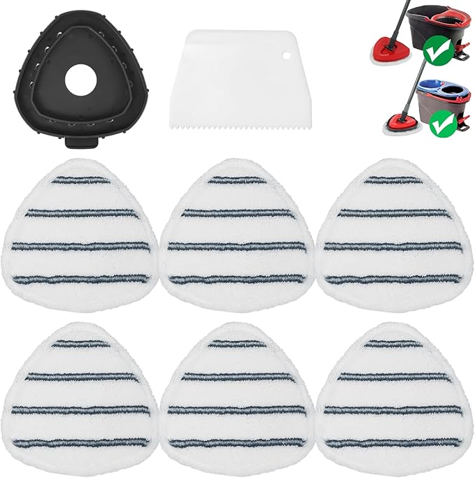High-PQ Flat Mop Head Replacements, Microfiber Mopping Pads Refills, 6-Pack Spin Mop Pads + 1 Plastic Pad &1 Scrape for Floor, Wall & Ceiling Cleaning - Fits EasyWring & RinseClean Systems