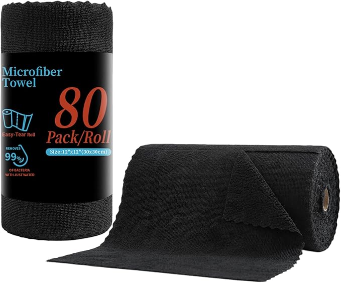 Tigona 80 Pack Microfiber Cleaning Cloth Roll,Lint Free Rags & Tear Away Reusable Towels Washable Scratch,Ultra Absorbent Dish Rags(12" x 12") for Car Kitchen Home Garage-Black