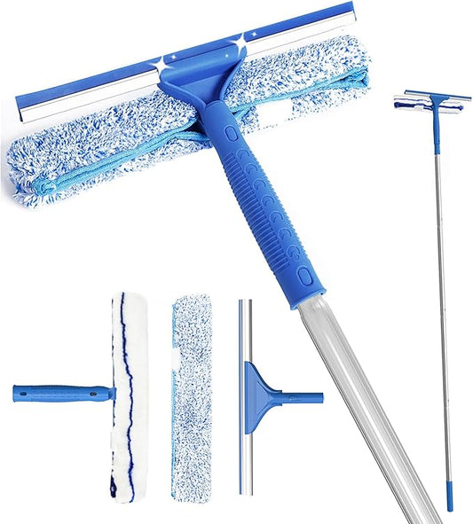 Squeegee for Window Shower Glass Door Cleaning, VOUBIEN Household Squeegee Window Cleaner 2 in 1 Kit with Long Handle, Microfiber Scrubber for Window, Glass Door, Car, Home Floor