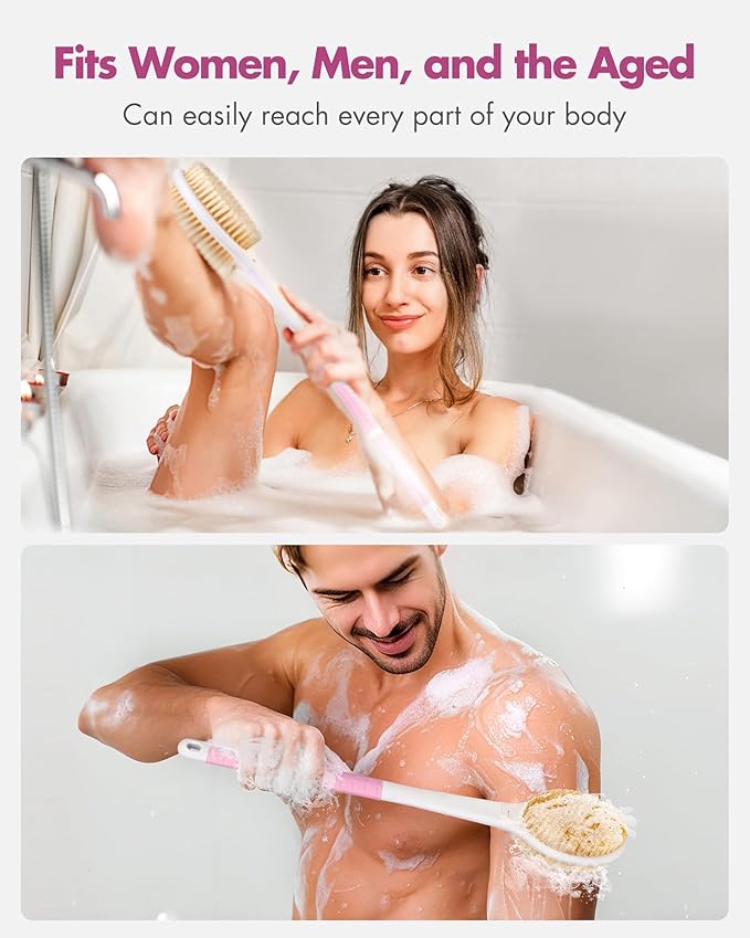 Back Scrubber Body Shower Brush: Anti Slip Long Handle Bath Brush with Stiff and Soft Bristles - Showering Exfoliator Wet or Dry Brushing for Women, Men, Elderly (Pink)
