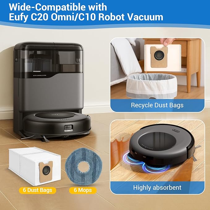 Bluevisk 12 Pack Omni C20 Dust Bags and Mop Pads Compatible with eufy Omni C20/ C10 Robot Vacuum with 3.5 L Large Capacity Vacuum Dust Bags