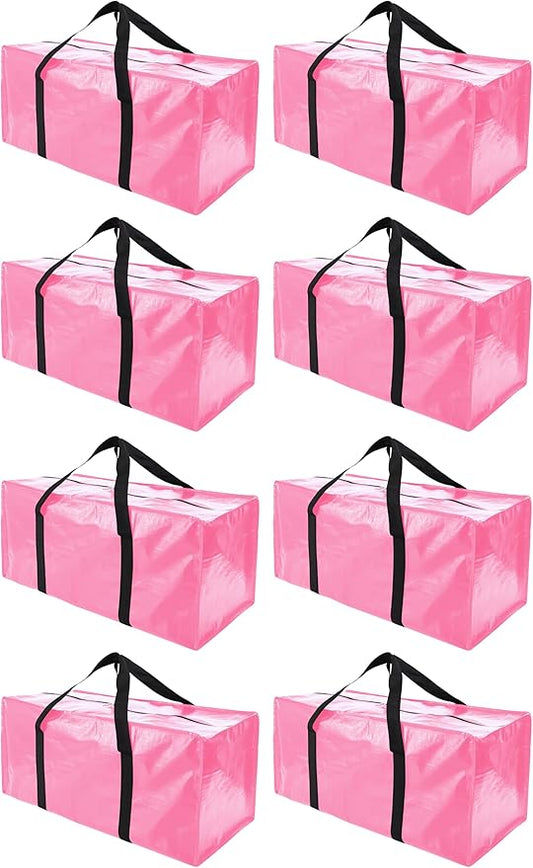 Extra Large Moving Bags with Zippers & Carrying Handles, Heavy-Duty Storage Tote for Space Saving Moving Storage, Fold Flat, Alternative to Box and Bin - 8 Pack, 40 Gal, Pink