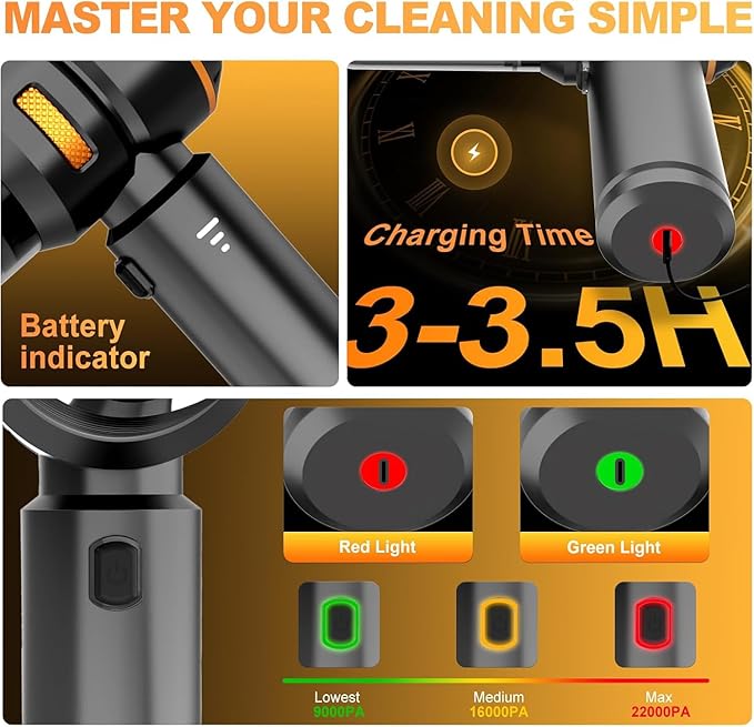KedeeSparkle Handheld Car Vacuum Cleaner, 4-in-1 Cordless Vacuum Cleaner, 22000 PA High Power Portable Car Vacuum with Brushless Motor, for Home, Office, Camping (Black Golden)