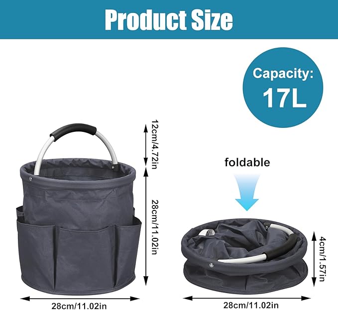 Cleaning Caddy with Handle, 17L Cleaning Supply Caddy Foldable Bucket Organizer Cleaning Products Organizers Cleaning Tools Bag 4.5 Gallon (Dark Gray)