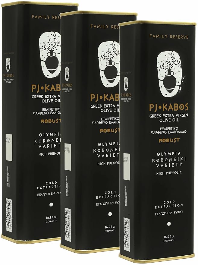 P.J. KABOS 2024/25 Harvest, Very High Phenolic (750+mg/kg), Natural Greek Extra Virgin Olive Oil, Kosher, Greece, Cold Extracted, 16.9 oz Tin, "Family Reserve - Robust" (3-PACK)