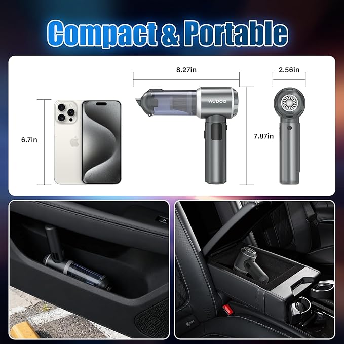 WUDOO-5-in-1 Car Vacuum Cleaner Portable Cordless Dust Remover 20,000 Pa Powerful Handheld Cordless Charging Vacuum with Flashlight Function Supports Fast Charging and LED Display