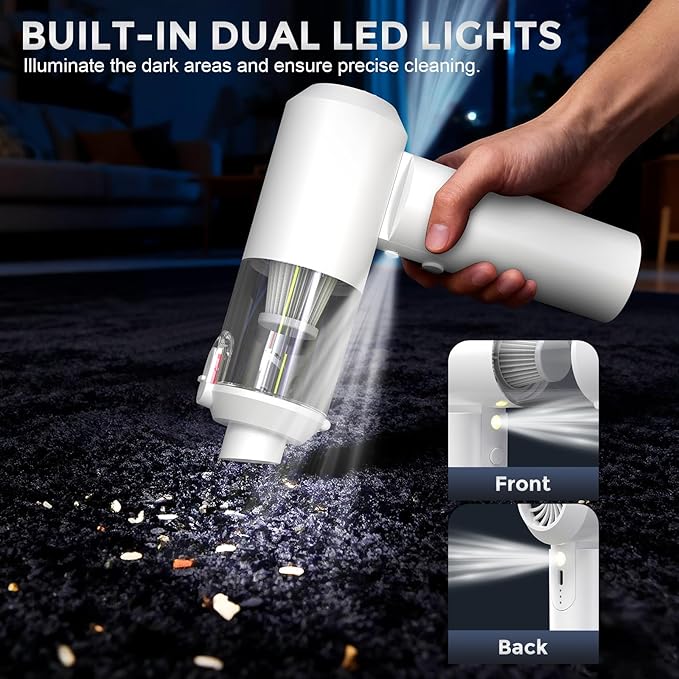 TURNRISE Car Vacuum Cordless: 12000Pa 2 in 1 Handheld Vacuum & Blower - Hand Vacuum Portable Cordless with Led Light, Multi-Nozzles for Car, Home, Office, Pet, Hair White