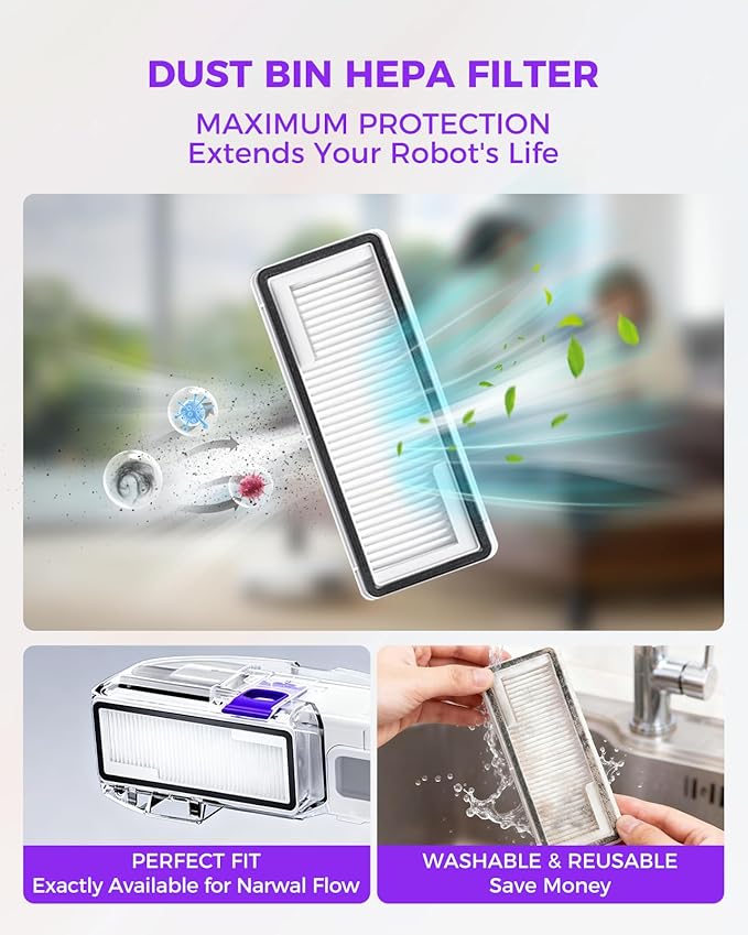 Yivy Accessory Kit for Narwal Flow Robot Vacuum Cleaner, Replacement Set Compatible with Narwal Flow: 1 Track Mop Pads,1 Main Brush, 4 Side Brushes, 2 HEPA Filters, 3 Dust Bags,1 Cleaning Brush