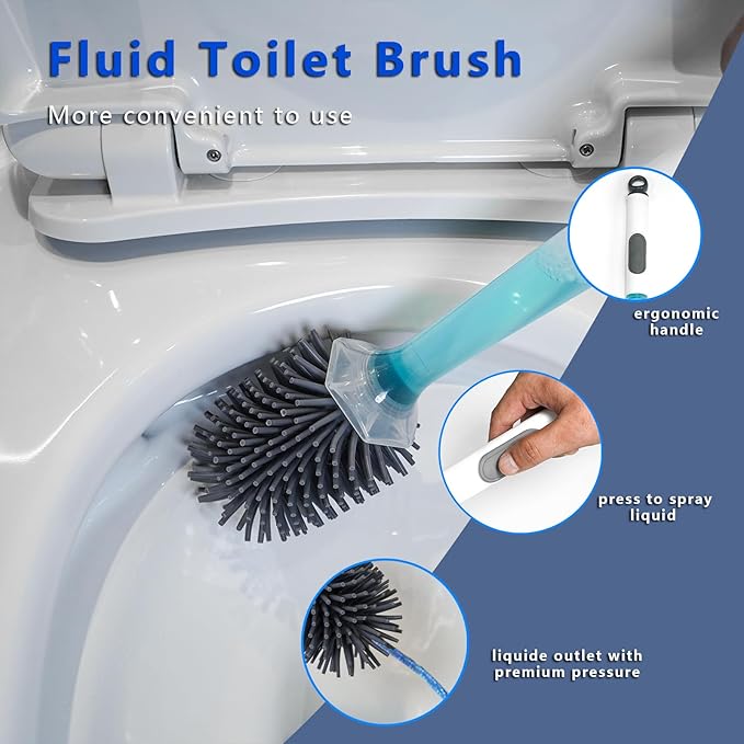 REDANT Toilet Brush and Holder Set, Silicone Toilet Bowl Brush/Cleaner Scrubber, Reusable Bathroom Cleaning Supplies with Cleaners Dispenser, Drip-Proof, Apartment/rv Essentials, Grey, 1PCS