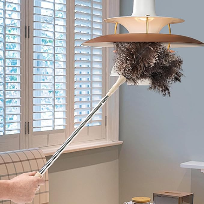 MehelloFeather Ostrich Feather Duster 27-94Inch Retractable Fluffy Natural Detachable Ostrich Feather Duster Used for Household Cleaning and High-Altitude Cleaning (1PCS)
