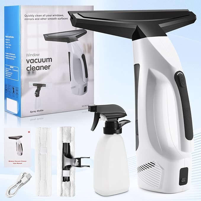 Window Vacuum Squeegee Cordless, Handheld Window Vac with Multi-Purpose Spray Bottle & Microfiber Cloth, Electric Cleaning Tool for Windows, Tiles, Mirror, Countertop, Car Windshield (White-Black)