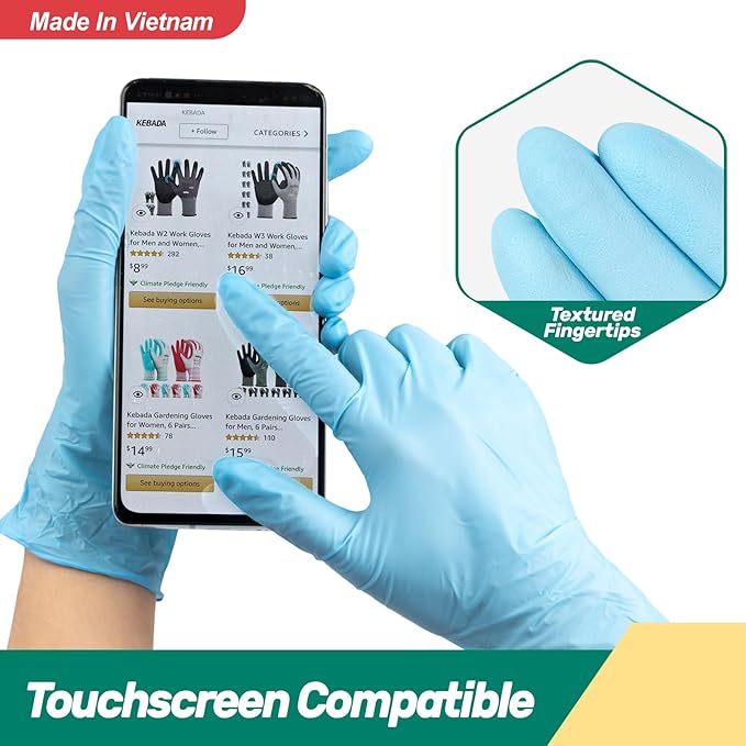 Kebada Nitrile Gloves D1, Nitrile Disposable Gloves for Cleaning, Food Prep, Industrial Grade, Non-Sterile, Food Safe, Powder & Latex Free, Touchscreen, Blue, 100 Count, Small (Made in Vietnam)